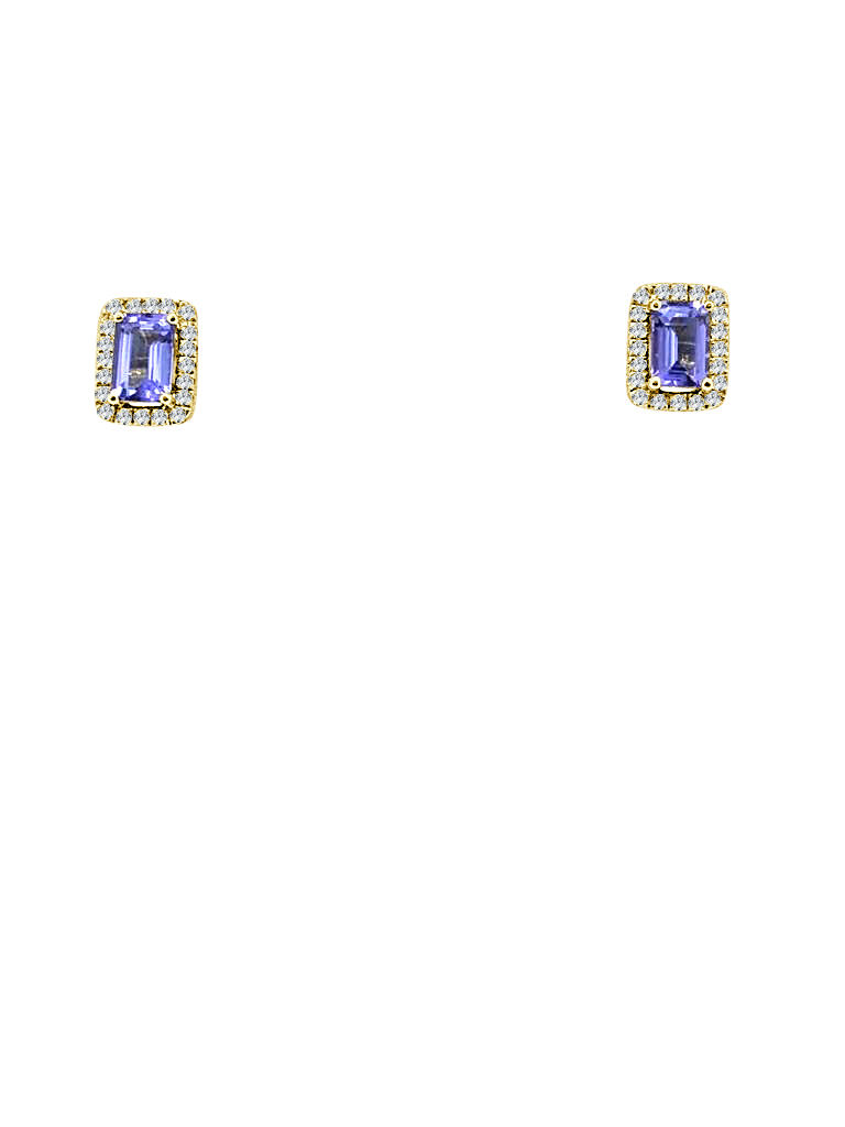 One pair of 18ct gold emerald cut Tanzanite and Diamond Halo Studs.