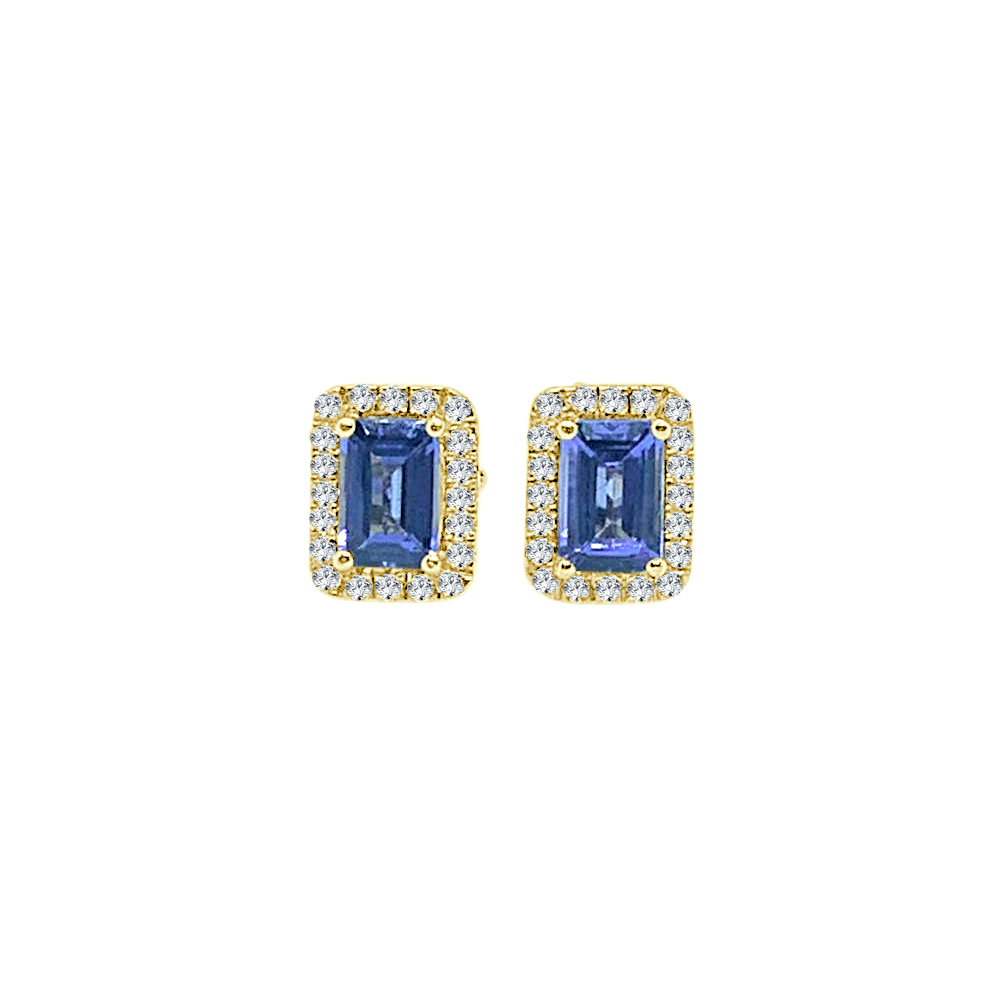 One pair of 18ct gold emerald cut Tanzanite and Diamond Halo Studs.